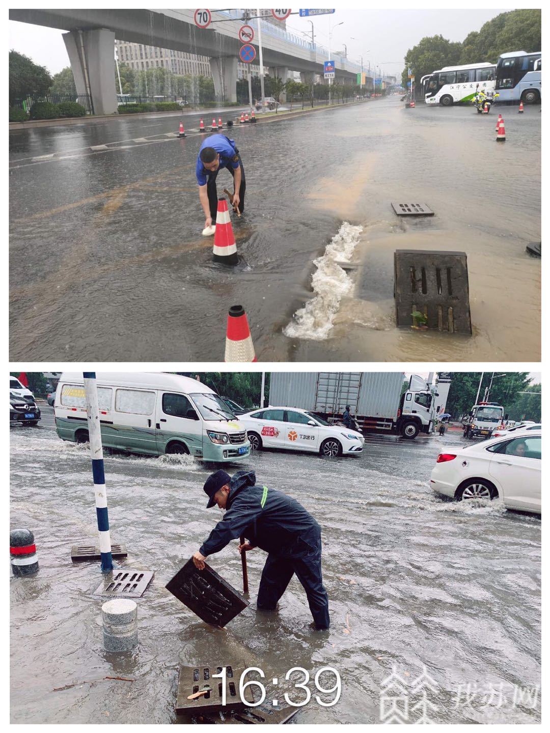 考生■大雨也浇不灭心中火热，为了高考考生城管遇水搭桥