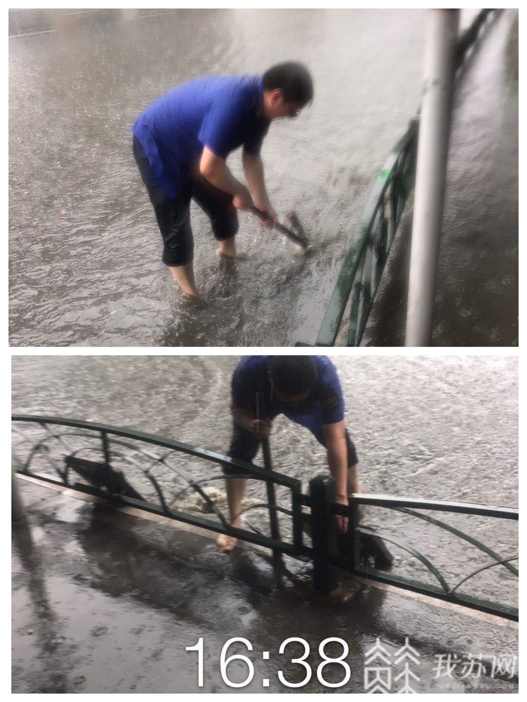 考生■大雨也浇不灭心中火热，为了高考考生城管遇水搭桥